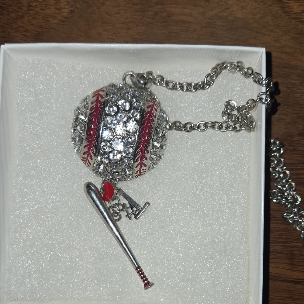 Silver and Red Baseball Pendant Necklace